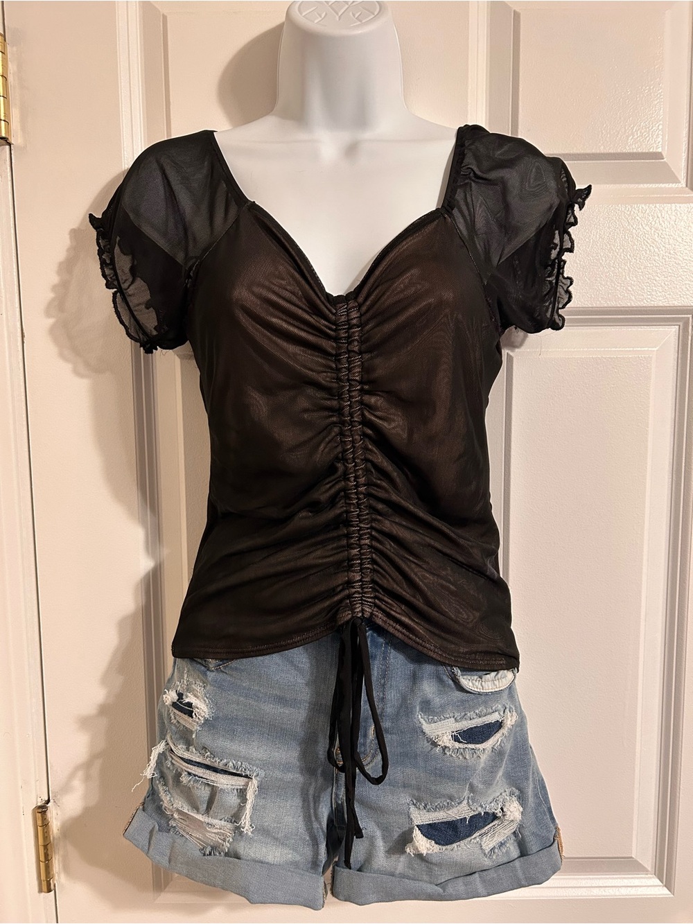 Guess Black Sheer Ruched Short Sleeve Top